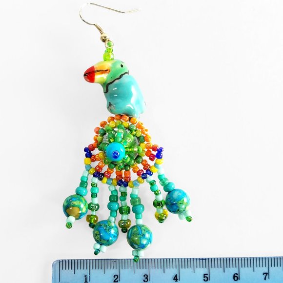 Whimsical Colorful Tropical Parrot Beaded Dangling Earrings, BOHO - Picture 4 of 6